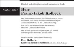 Traueranzeige Franz-Jakob Kolbeck