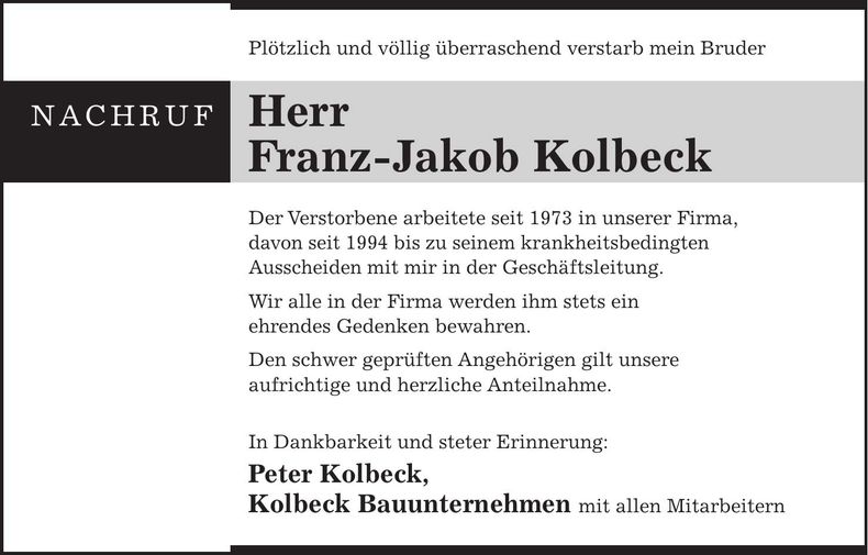 Traueranzeige Franz-Jakob Kolbeck
