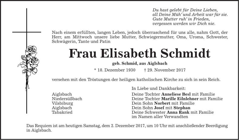 Traueranzeige Elisabeth Schmidt