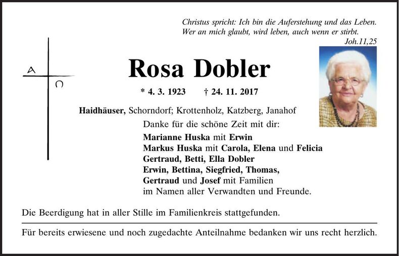Traueranzeige Rosa Dobler