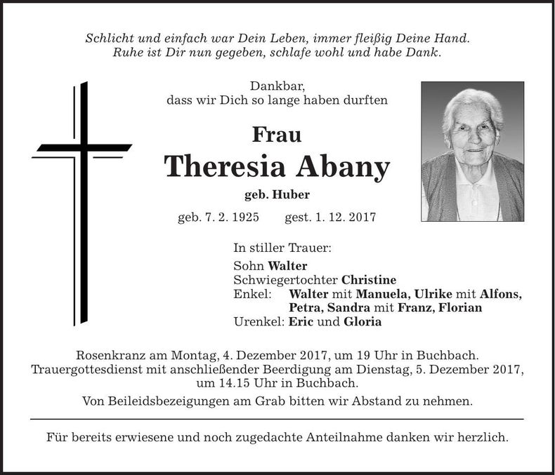 Traueranzeige Theresia Abany