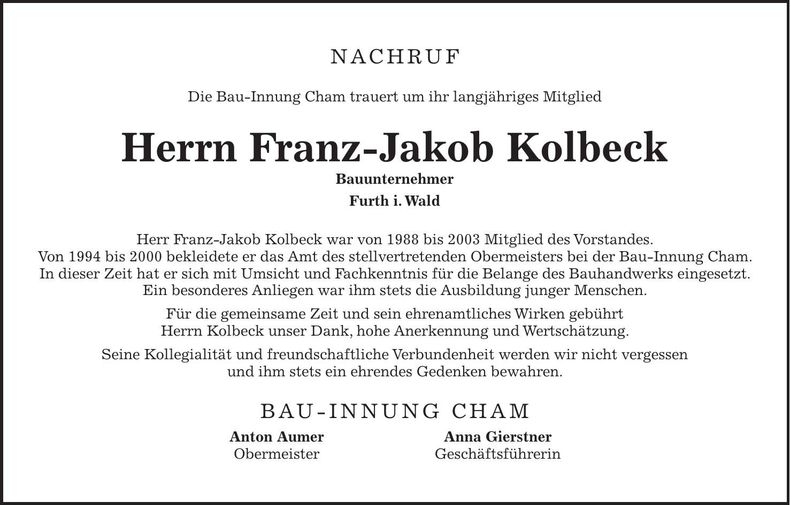 Traueranzeige Franz-Jakob Kolbeck