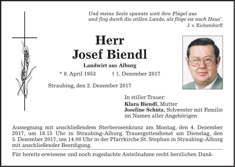 Traueranzeige Josef Biendl