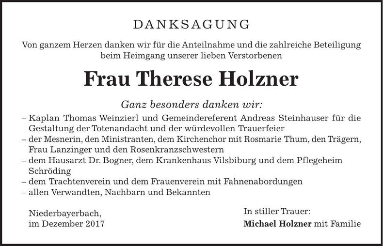 Traueranzeige Therese Holzner