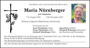 Traueranzeige Maria Nürnberger