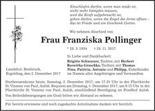Traueranzeige Franziska Pollinger