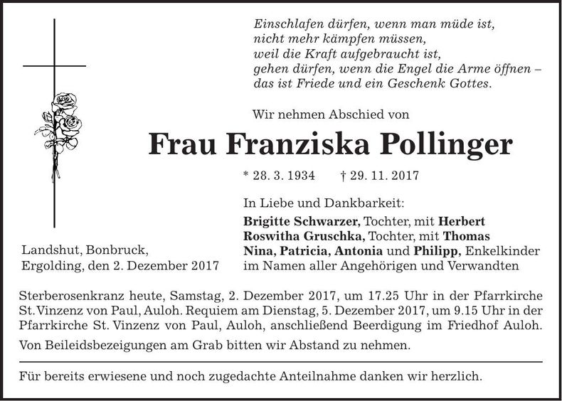Traueranzeige Franziska Pollinger