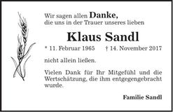 Traueranzeige Klaus Sandl