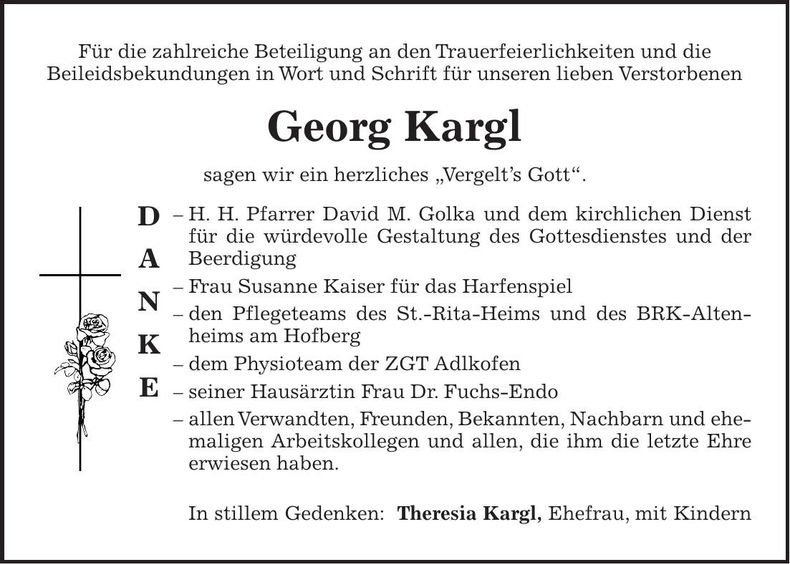 Traueranzeige Georg Kargl