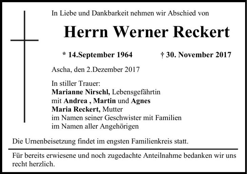 Traueranzeige Werner Reckert