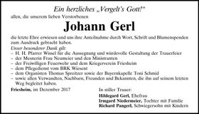 Traueranzeige Johann Gerl