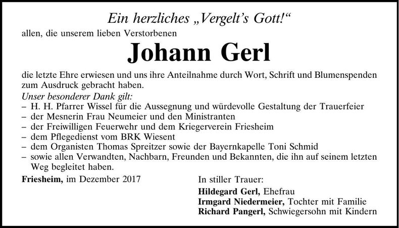 Traueranzeige Johann Gerl