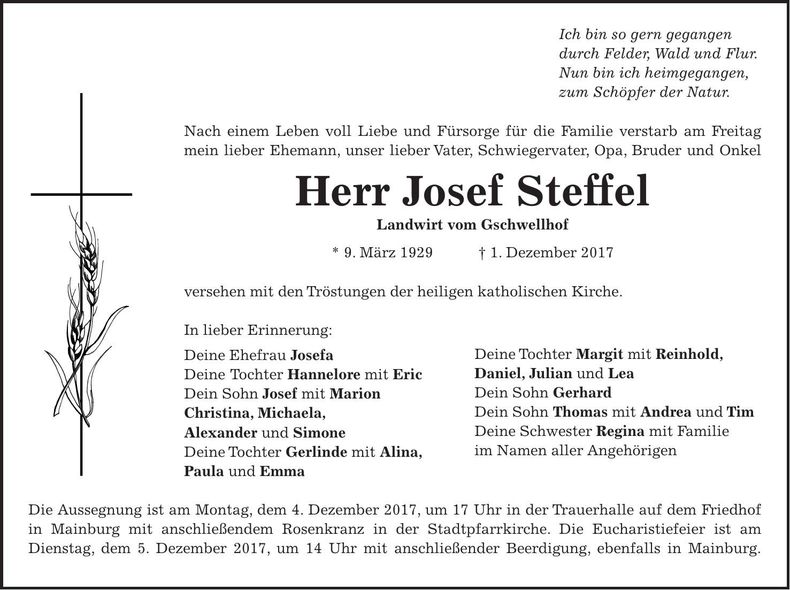 Traueranzeige Josef Steffel