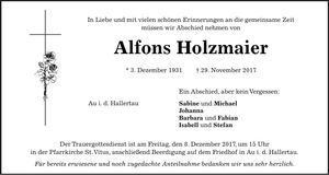 Traueranzeige Alfons Holzmaier