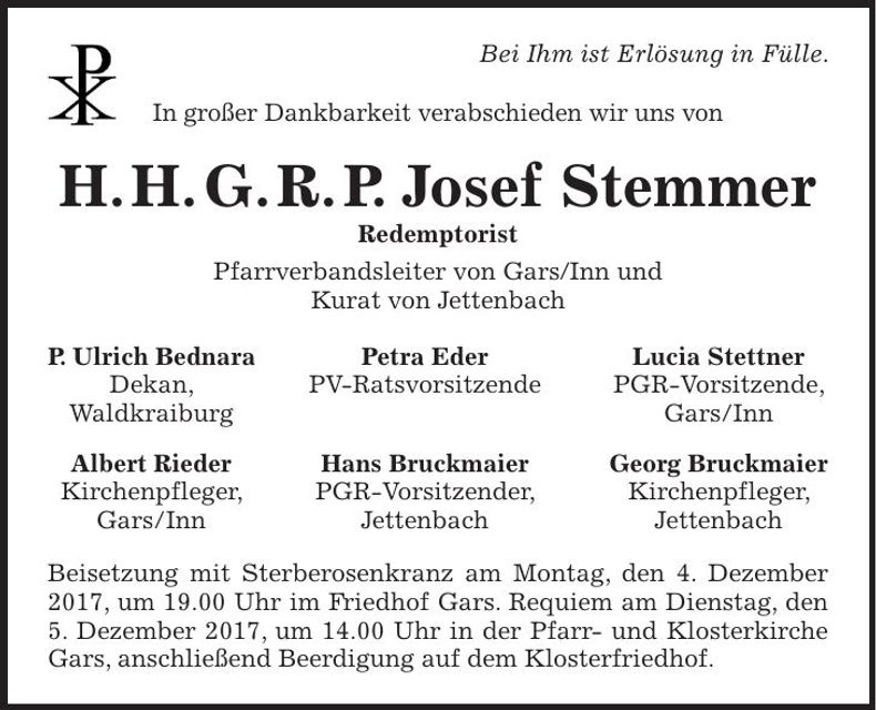 Traueranzeige Josef Stemmer