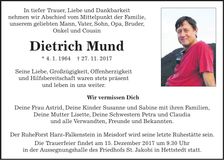Traueranzeige Dietrich Mund