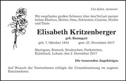 Traueranzeige Elisabeth Kritzenberger