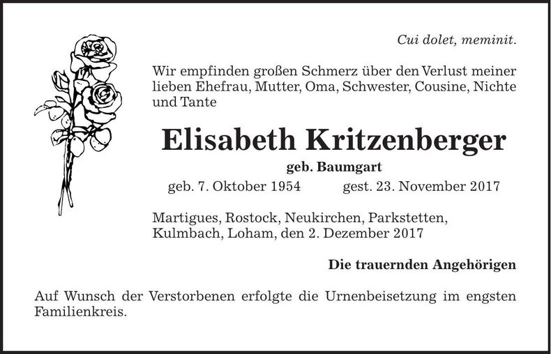 Traueranzeige Elisabeth Kritzenberger