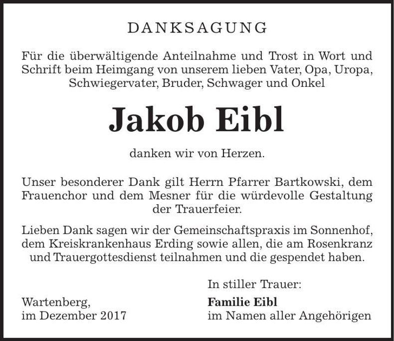 Traueranzeige Jakob Eibl