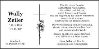 Traueranzeige Wally Zeiler