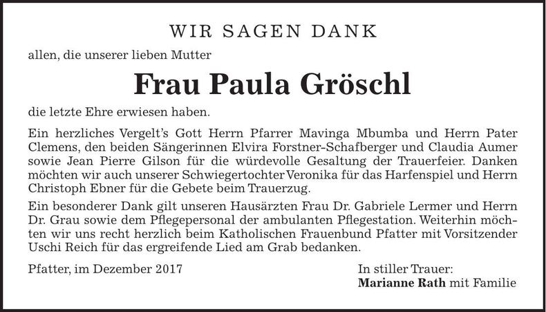 Traueranzeige Paula Gröschl