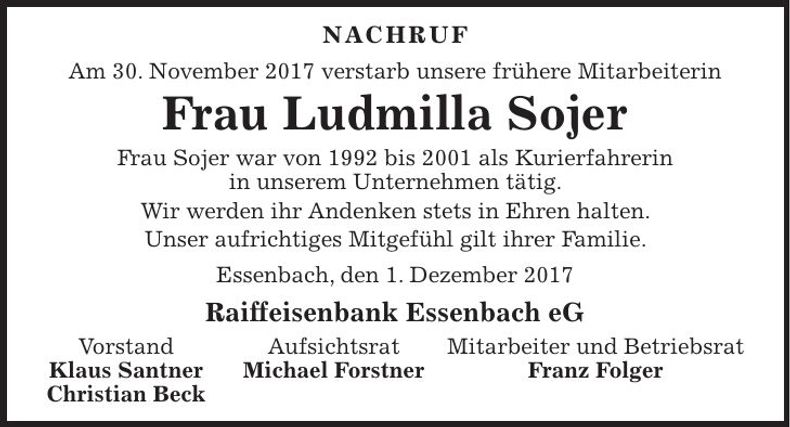 Traueranzeige Ludmilla Sojer