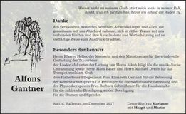 Traueranzeige Alfons Gantner