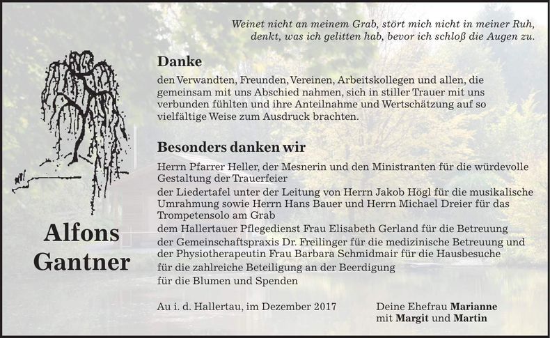 Traueranzeige Alfons Gantner