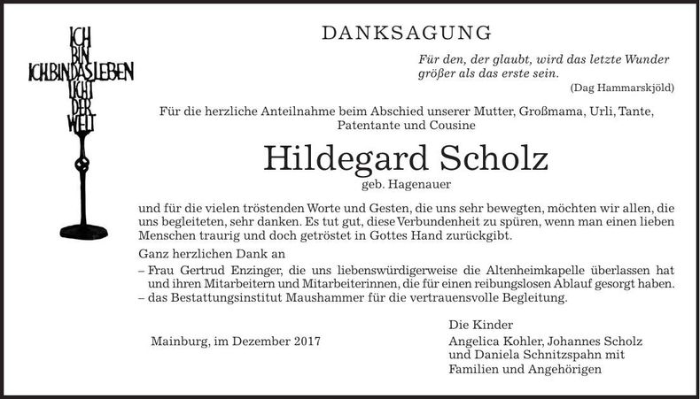 Traueranzeige Hildegard Scholz