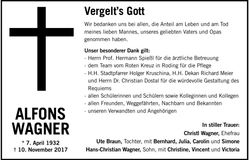 Traueranzeige Alfons Wagner
