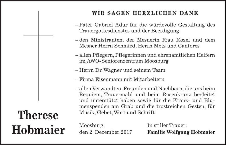 Traueranzeige Therese Hobmaier