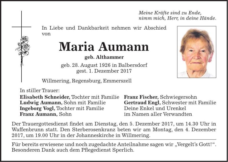 Traueranzeige Maria Aumann