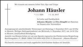 Traueranzeige Johann Häusler