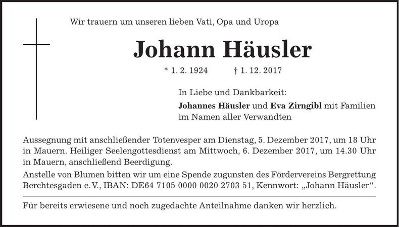 Traueranzeige Johann Häusler
