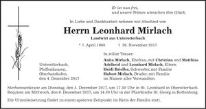 Traueranzeige Leonhard Mirlach