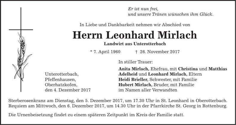 Traueranzeige Leonhard Mirlach