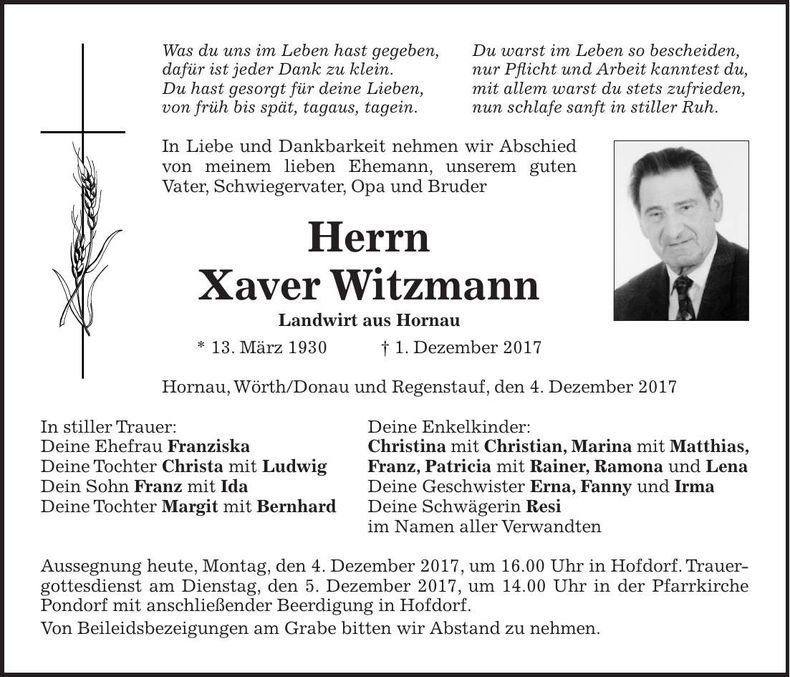 Traueranzeige Xaver Witzmann