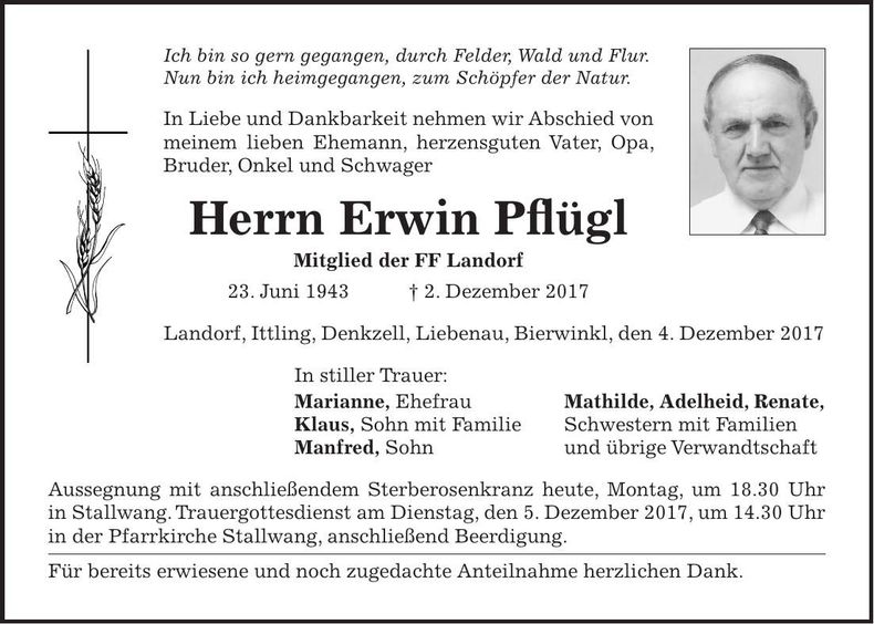 Traueranzeige Erwin Pflügl