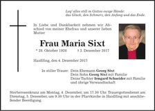 Traueranzeige Maria Sixt