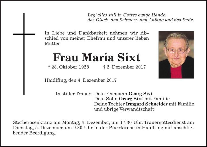 Traueranzeige Maria Sixt