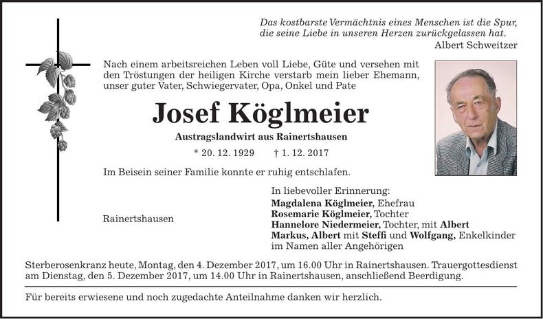 Traueranzeige Josef Köglmeier