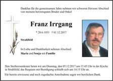 Traueranzeige Franz Irrang
