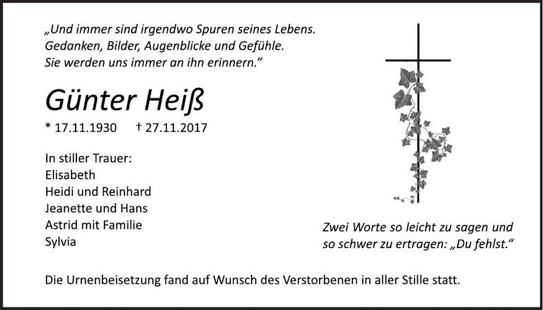Traueranzeige Günter Heiß