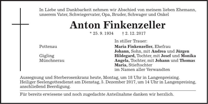 Traueranzeige Anton Finkenzeller