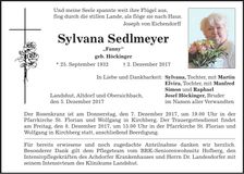 Traueranzeige Sylvana Sedlmeyer