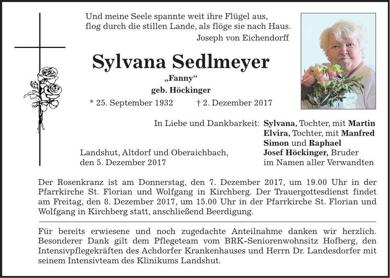 Traueranzeige Sylvana Sedlmeyer
