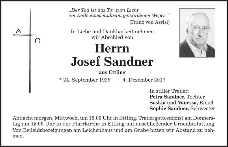 Traueranzeige Josef Sandner