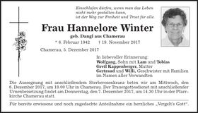 Traueranzeige Hannelore Winter
