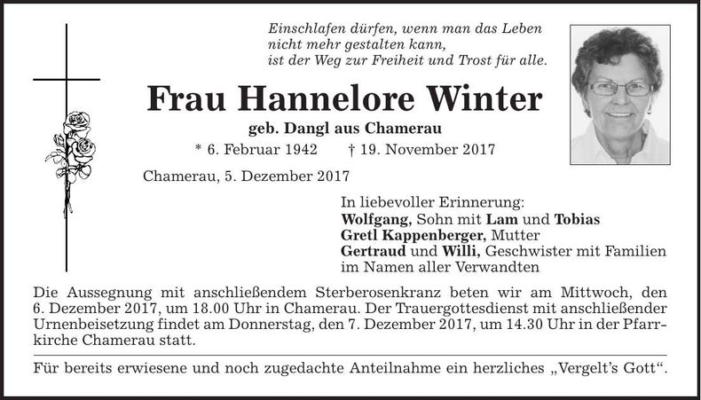 Traueranzeige Hannelore Winter
