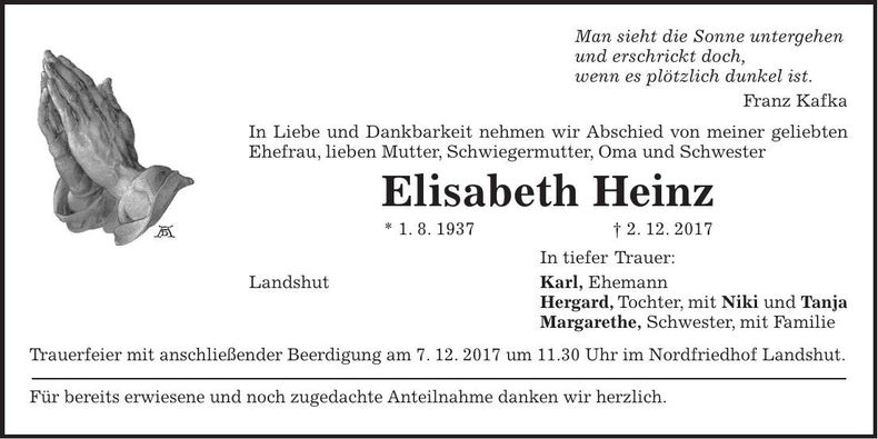 Traueranzeige Elisabeth Heinz